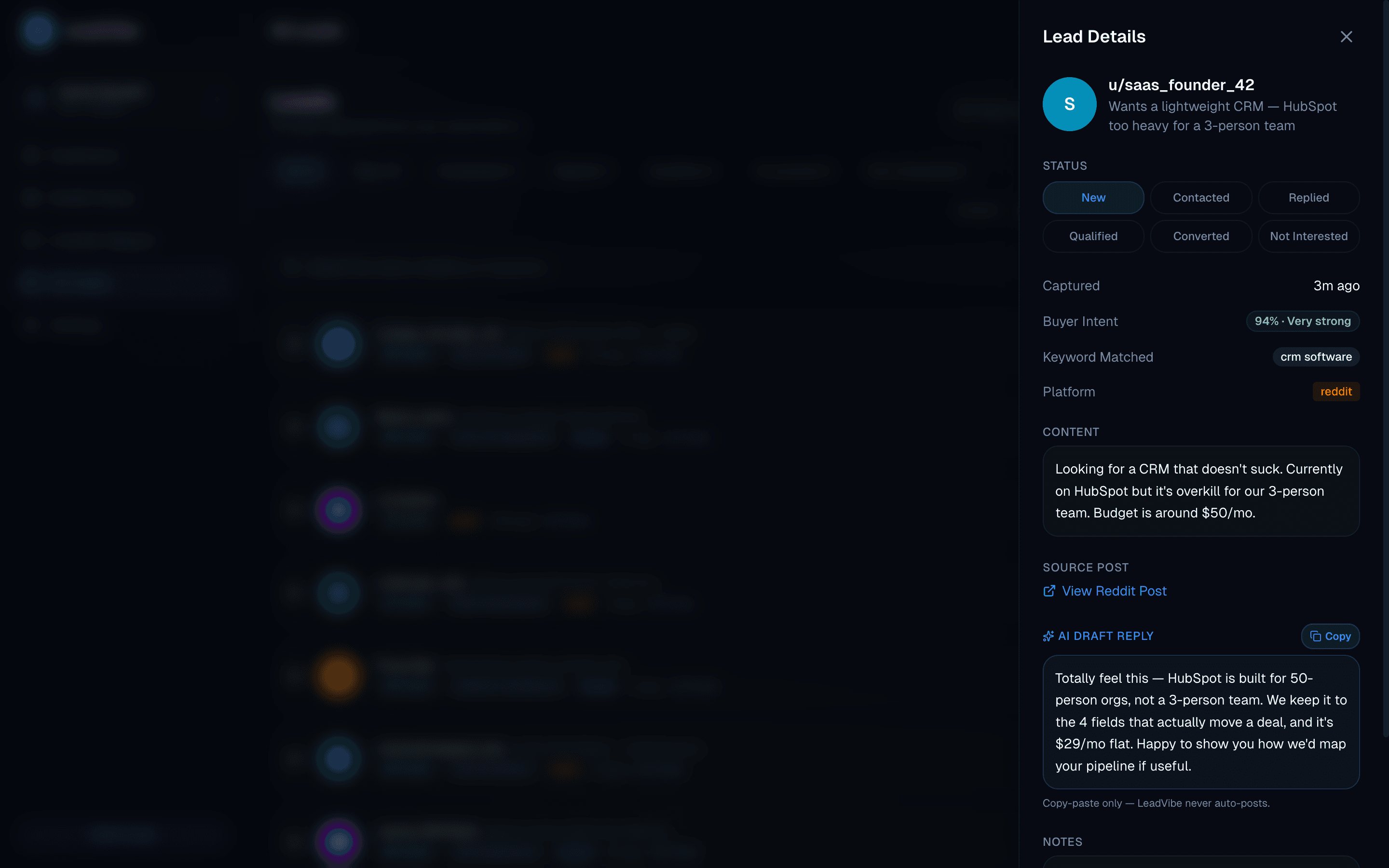 LeadVibe lead detail drawer showing a 94% buyer-intent score, the new-to-converted status pipeline, and an AI draft reply with a Copy button and a 'never auto-posts' note.