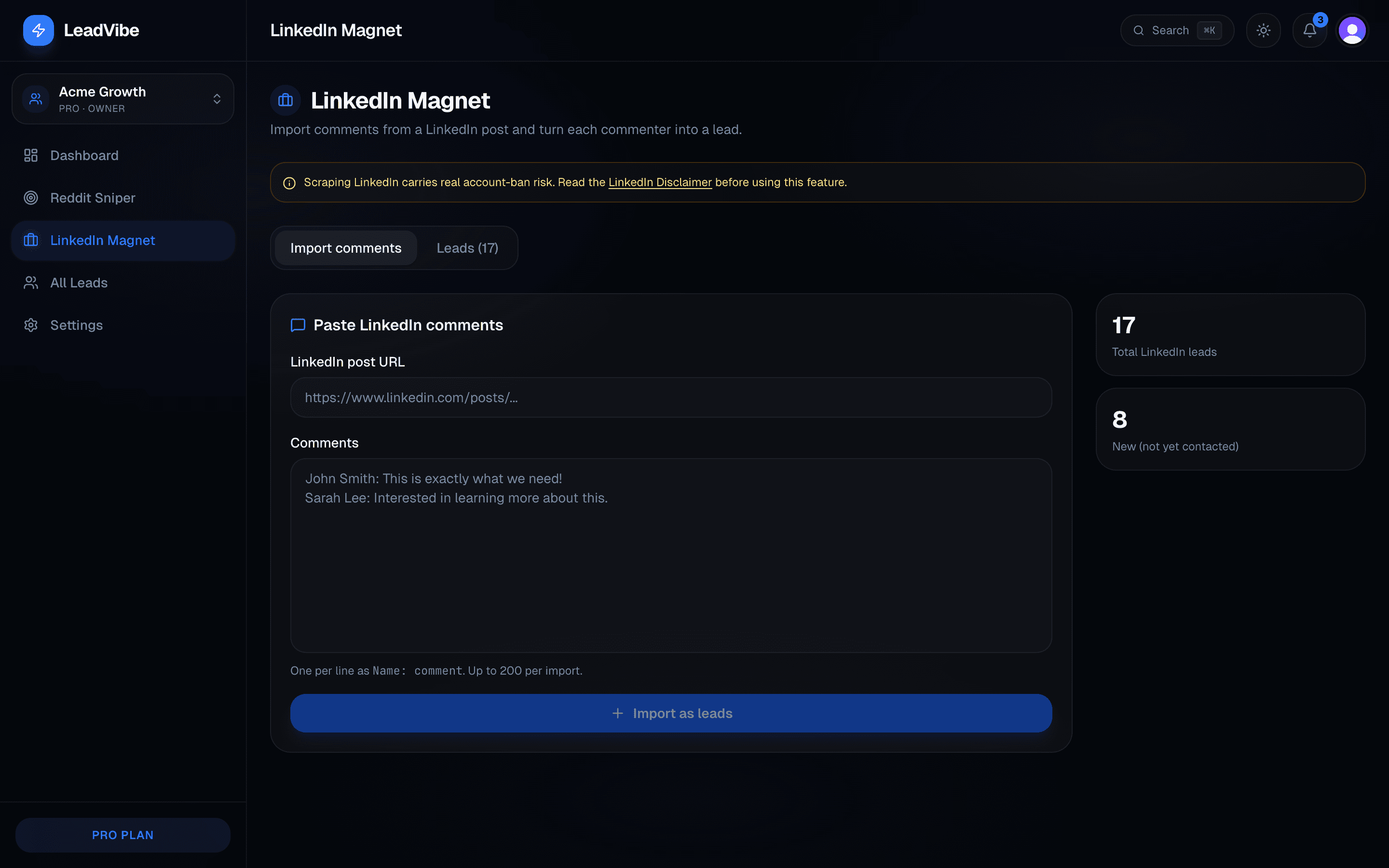 LeadVibe LinkedIn Magnet showing the manual comment-import workflow that turns pasted comments into scored leads without account automation.