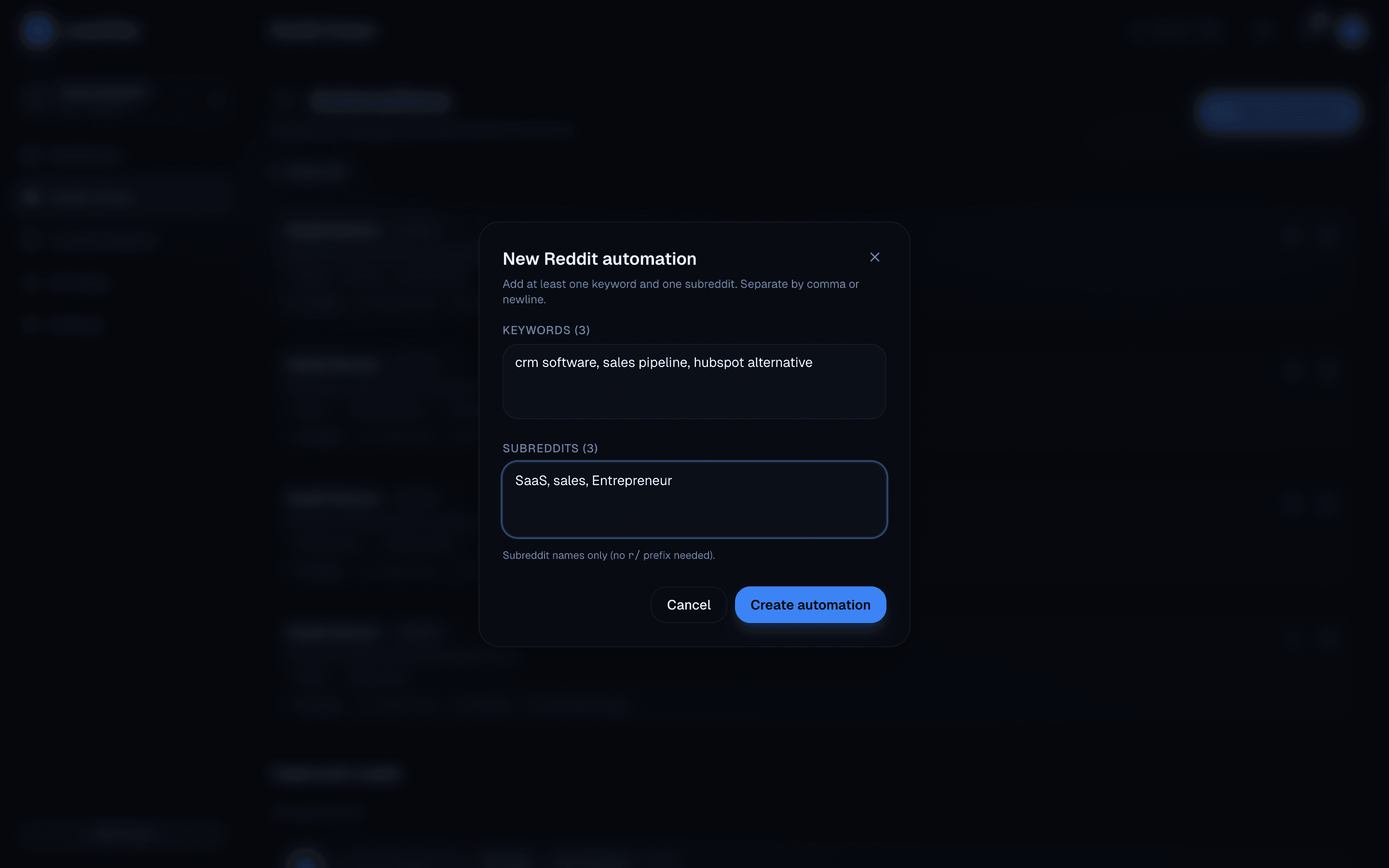 The LeadVibe New Reddit automation dialog with keywords (crm software, sales pipeline, hubspot alternative) and subreddits (SaaS, sales, Entrepreneur) filled in.