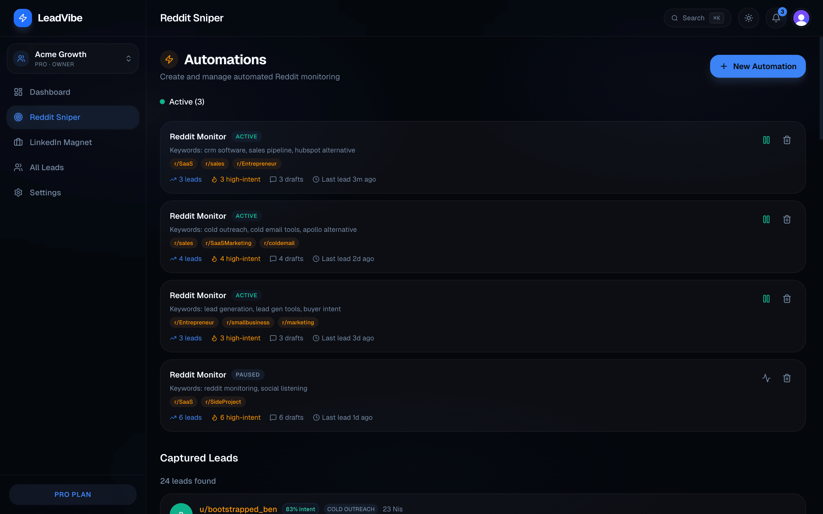 LeadVibe Reddit Sniper showing four keyword monitors across subreddits with per-monitor lead counts, high-intent counts, and AI draft counts.